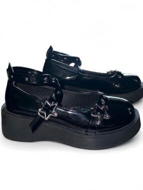 Women’s Black Patent Platform Mary Janes with Star Buckles
